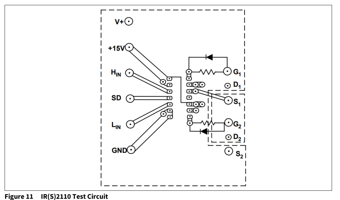 AN-978 图 11：IR(S)2110 测试电路布局（翻拍自原 PDF 第 17 页）