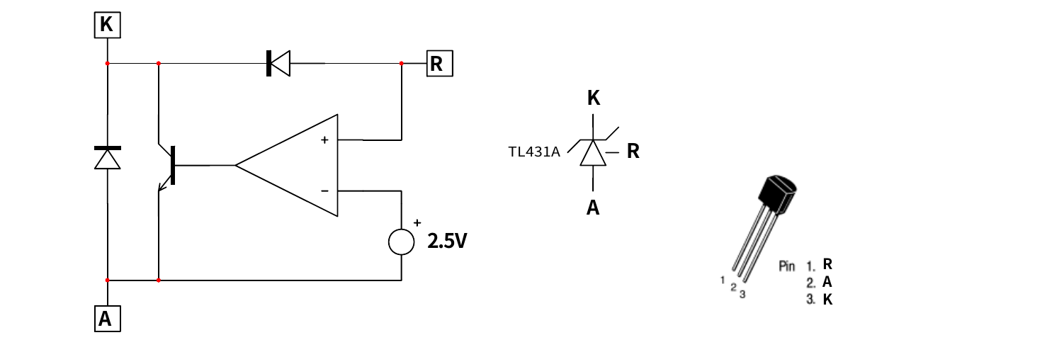TL431 原图 P11：TL431 内部电路（开集运放 + R 端 + 2.5 V 基准 + K–A 钳位）与引脚 1=R、2=A、3=K