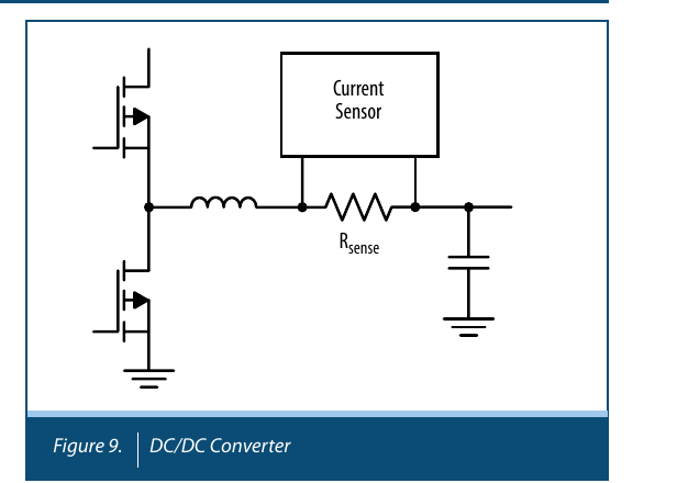 Bourns 原版图 9 — DC/DC 变换器：Rsense 串在电感与输出之间，电流传感器读其压降