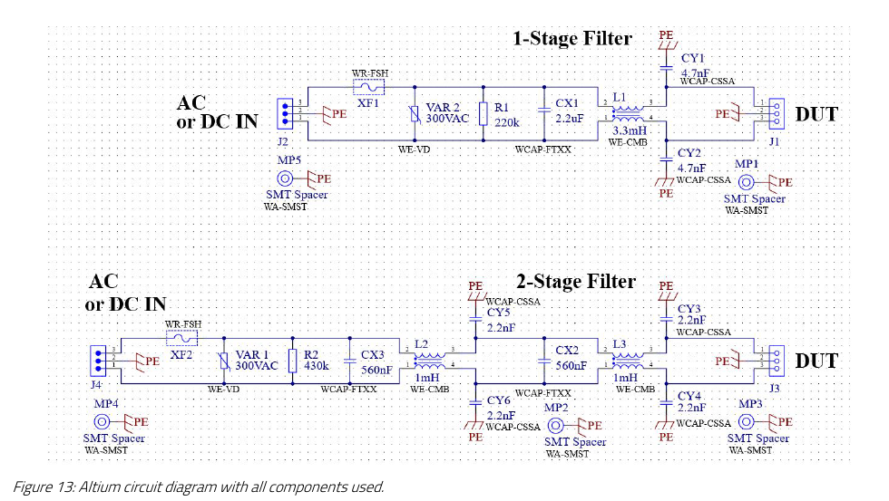 ANP015 图 13：单级/两级线滤波器 Altium 原理图（设计实例，翻拍自原文 PDF 第 5 页）