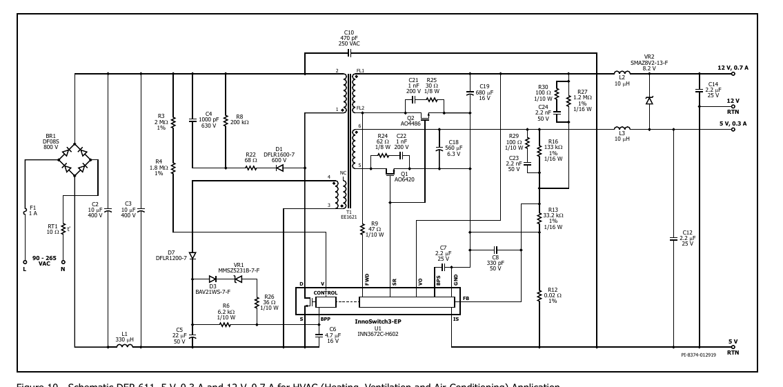 DS 图 10：DER-611 双路输出（5 V/0.3 A + 12 V/0.7 A）HVAC 电源，翻拍自手册