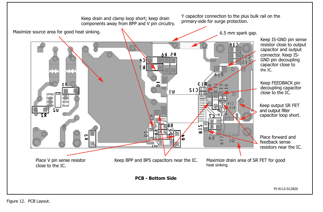 DS 图 12：PCB 布局示例（底面视角），翻拍自手册