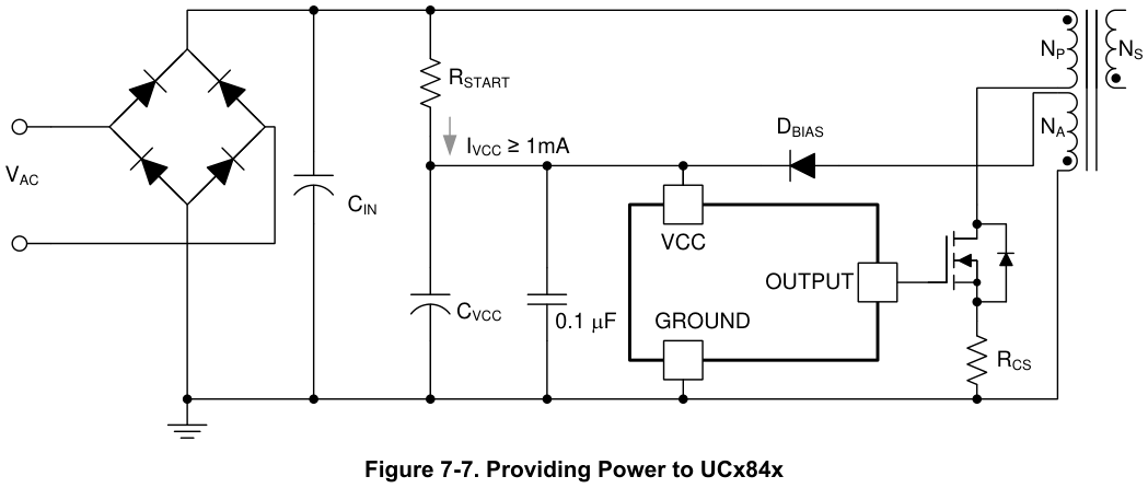 图 7-7 给 UCx84x 供电（自举启动，翻拍自手册）