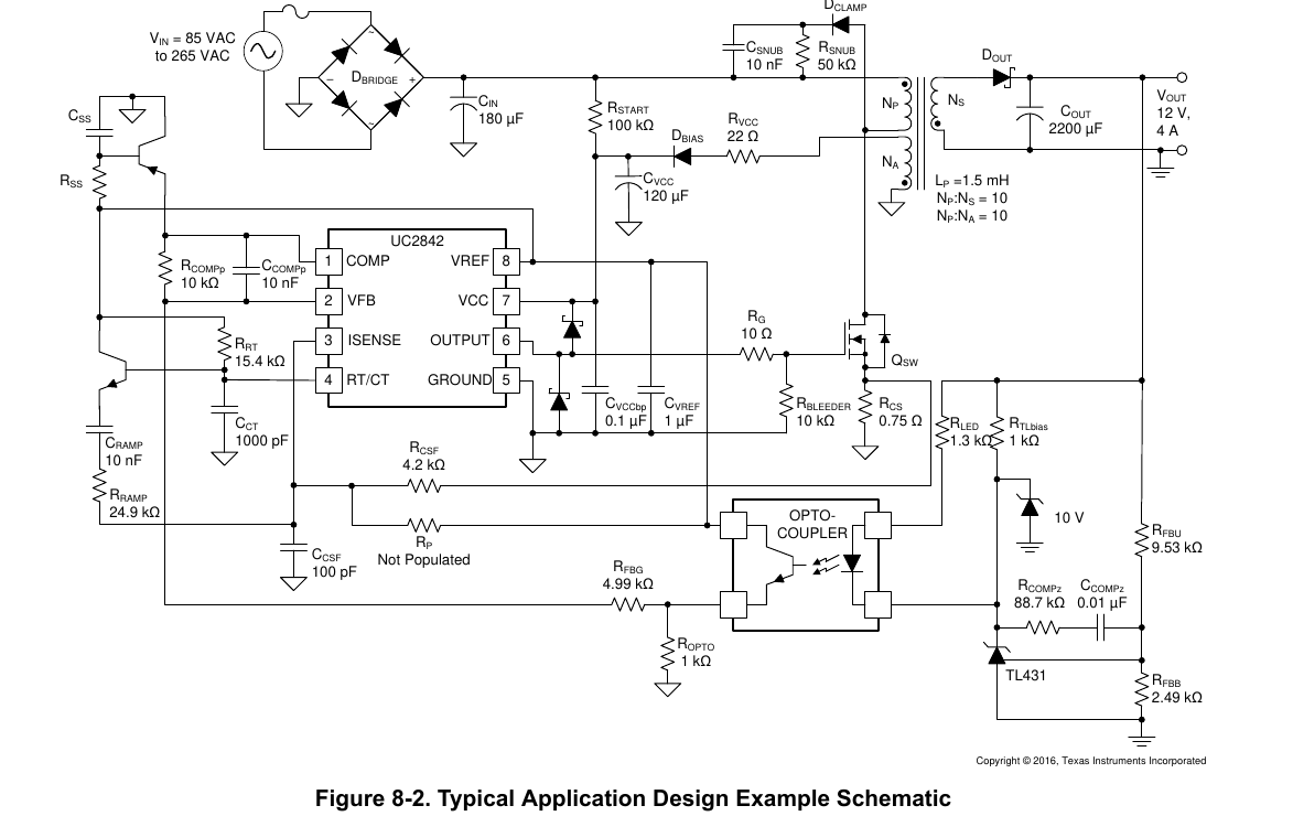 UC3842 典型应用（TI SLUS223H 图 8-2 原版：85~265VAC → 12V/4A 官方设计实例，翻拍自手册）