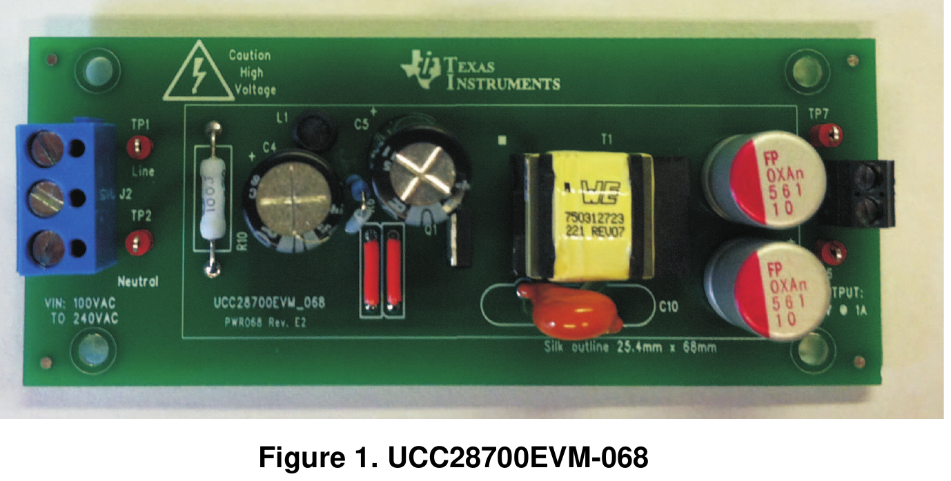 UCC28700EVM-068 实物照片（TI SLUU968 图 1，翻拍自手册）