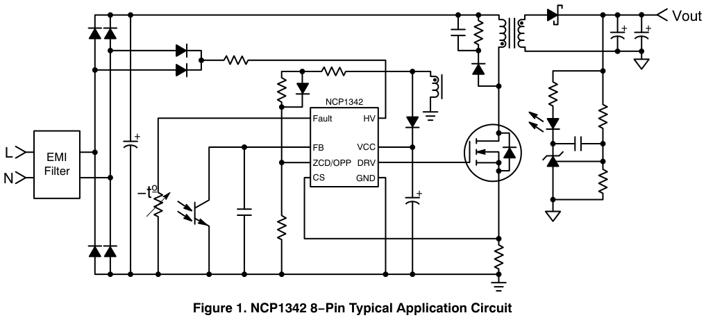图 1 NCP1342 8 脚典型应用电路（翻拍自手册）