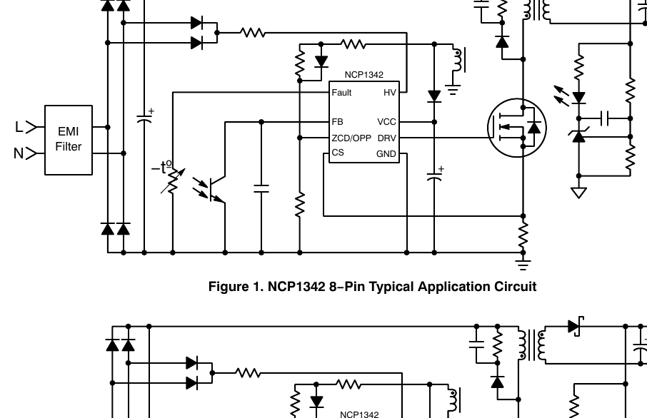 NCP1342 8 脚典型应用（onsemi NCP1342_D 图 1 原版，翻拍自手册）