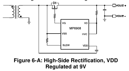 MP6908 高侧整流、HVC 接 VD（VDD 调节在 9 V，MPS MP6908 DS 图 6-A 原版，翻拍自手册）