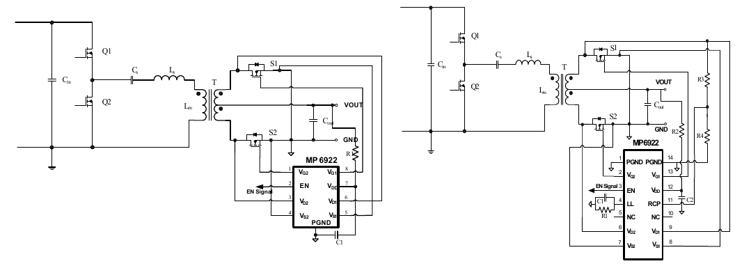 MP6922 典型应用——LLC 半桥次级双通道同步整流（左：SOIC8E 8 脚版；右：SOIC14 14 脚版，MPS MP6922 DS 第 1 页原版图，翻拍自手册）