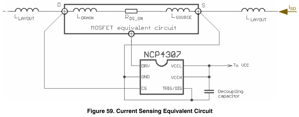NCP4307 电流检测等效电路(含键合/走线寄生电感 L_DRAIN、L_SOURCE,NCP4307 DS 图 59 原版,翻拍自手册)