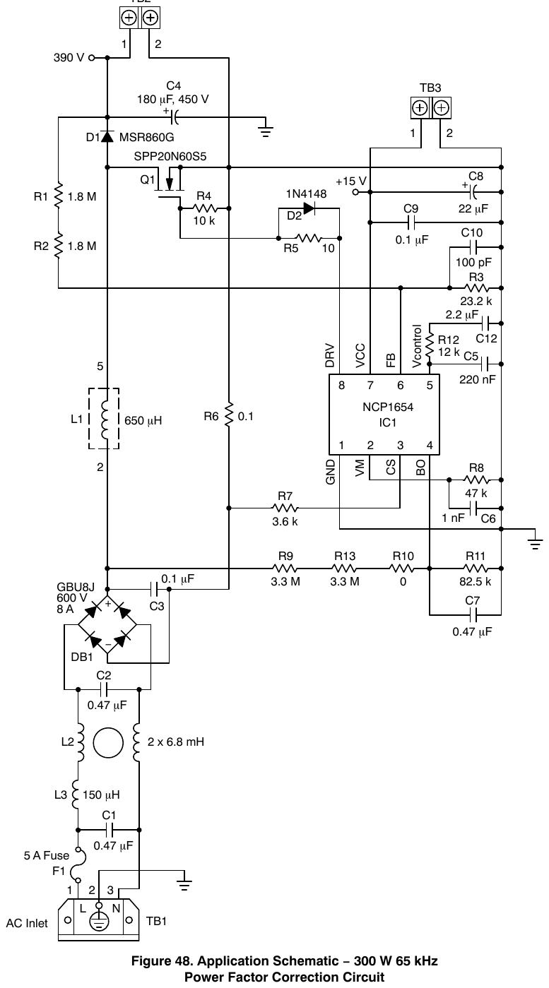 图 48 应用原理图 — 300 W 65 kHz 功率因数校正电路（翻拍自手册）