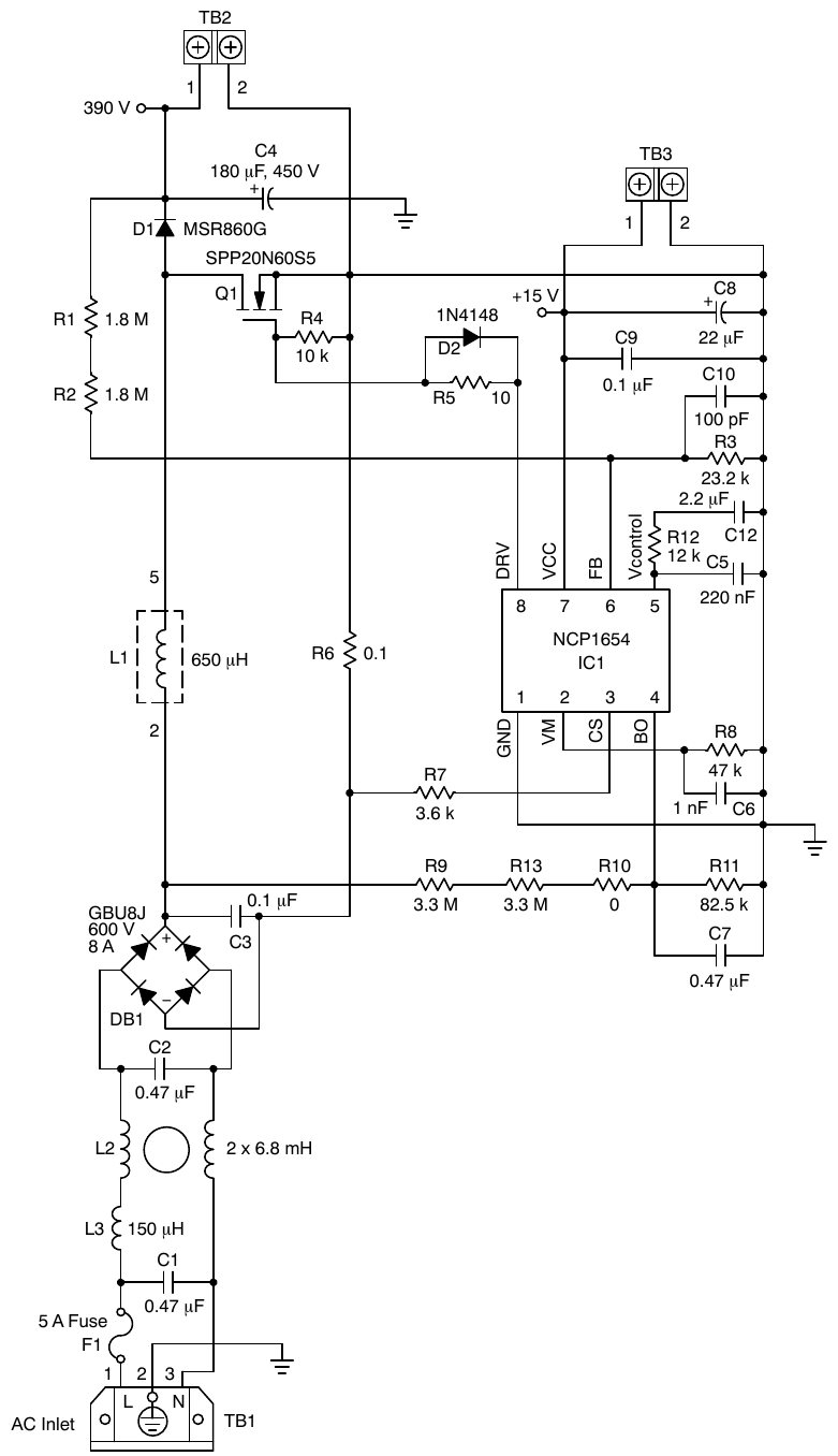 NCP1654 300 W 65 kHz PFC 应用电路(onsemi NCP1654/D Rev.7 图 48 原版,翻拍自手册)