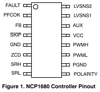 图 1 NCP1680 控制器引脚排布（翻拍自手册）