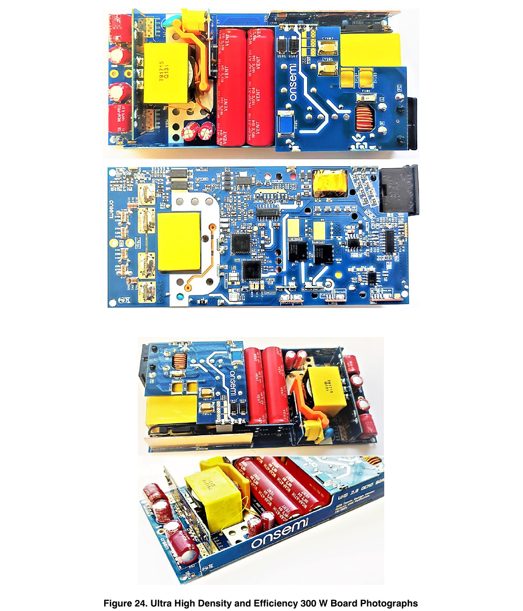 onsemi 原版图 24 — 超高密度高效率 300 W 板卡照片（顶面/底面及局部，134×62×18 mm，>36 W/inch³，翻拍自原版 PDF 第 20 页）