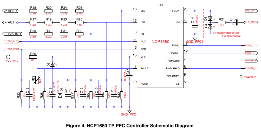 onsemi 原版图 4 — NCP1680 图腾柱 PFC 控制器原理图：LS1/LS2 线电压采样、FB 母线分压、ZCD/AUX/VCC/FAULT/CS 引脚外围与 Stand-by 接口（翻拍自原版 PDF 第 3 页）