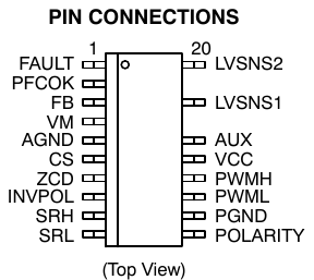 NCP1681 引脚配置(SOIC−20 窄体顶视,脚 17/19 为爬电距离移除,翻拍自手册)