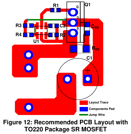 MP6951 推荐 PCB 布局示例——TO220 封装 SR MOSFET（单层板、穿孔变压器，MPS MP6951 DS 图 12 原版，翻拍自手册）