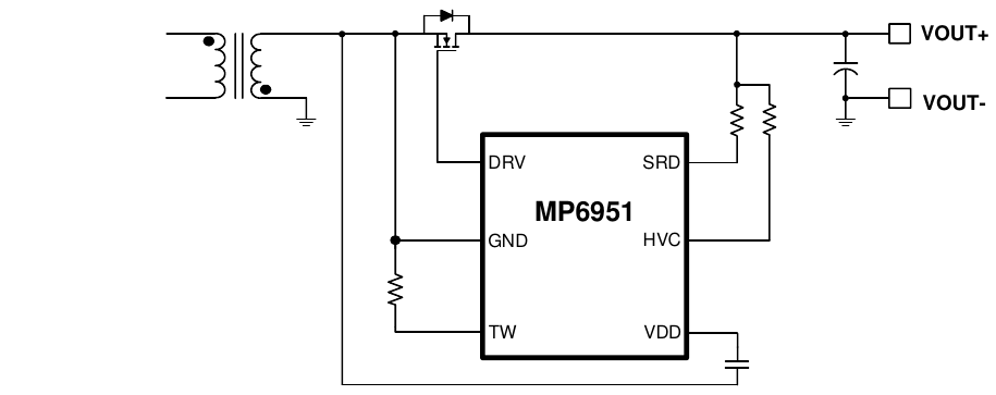 MP6951 典型应用（反激次级、高侧 SR，MPS MP6951 DS 第 2 页原版图，翻拍自手册）
