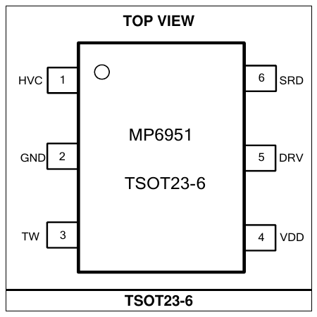 MP6951 封装参考（TSOT23-6 顶视图，MPS MP6951 DS 第 3 页原版图，翻拍自手册）