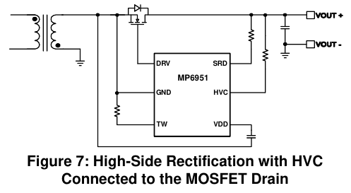 MP6951 高侧整流、HVC 接 MOSFET 漏极（MPS MP6951 DS 图 7 原版，翻拍自手册）